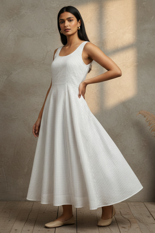Saanvi Linen Striped Smocked Flared Dress