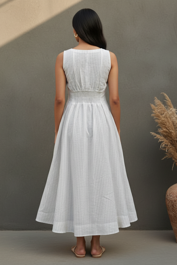Saanvi Linen Striped Smocked Flared Dress