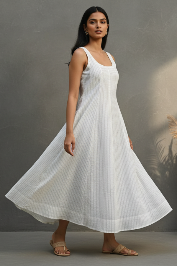 Saanvi Linen Striped Smocked Flared Dress