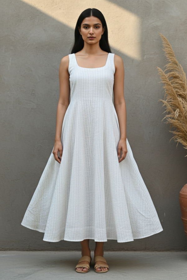 Saanvi Linen Striped Smocked Flared Dress
