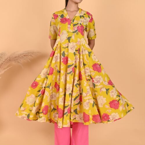 Serena Peach Yellow Cambric Cotton Kurta Set