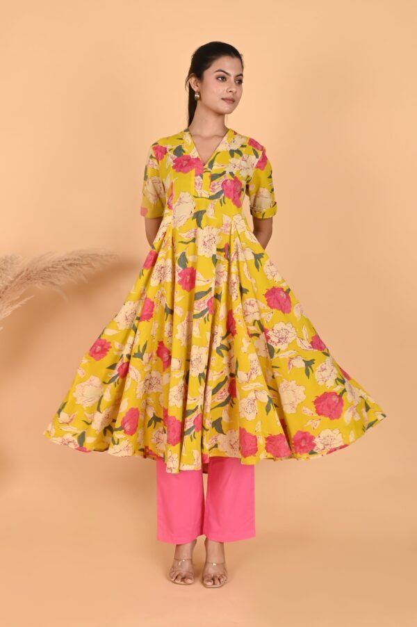 Serena Peach Yellow Cambric Cotton Kurta Set