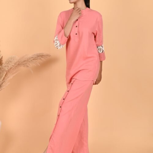 Isha Peach Linen Lace Co-ord Set