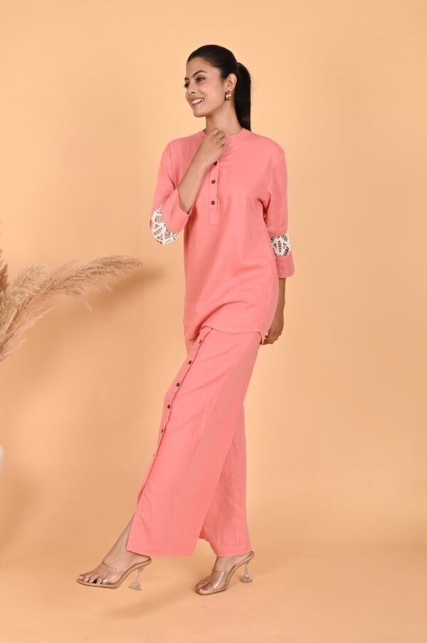 Isha Peach Linen Lace Co-ord Set