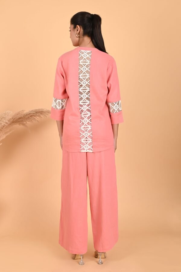 Isha Peach Linen Lace Co-ord Set