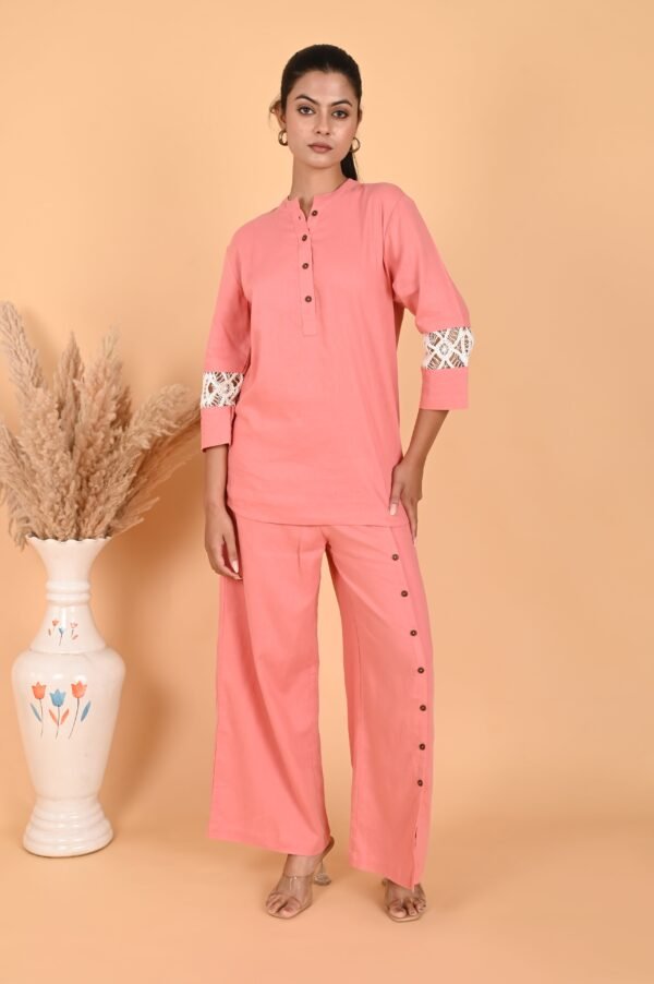Isha Peach Linen Lace Co-ord Set