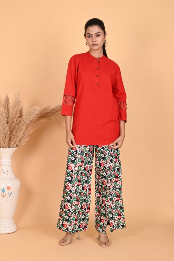 Isha Red Linen Lace Co-ord Set