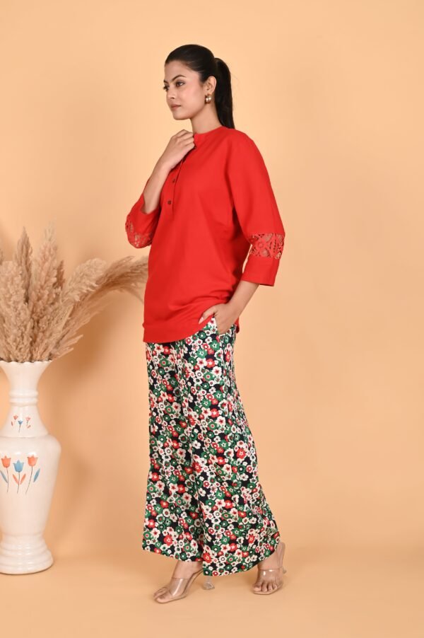 Isha Red Linen Lace Co-ord Set