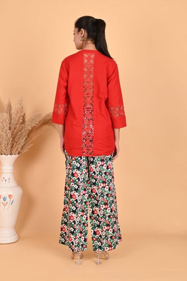 Isha Red Linen Lace Co-ord Set