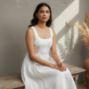Saanvi Linen Striped Smocked Flared Dress