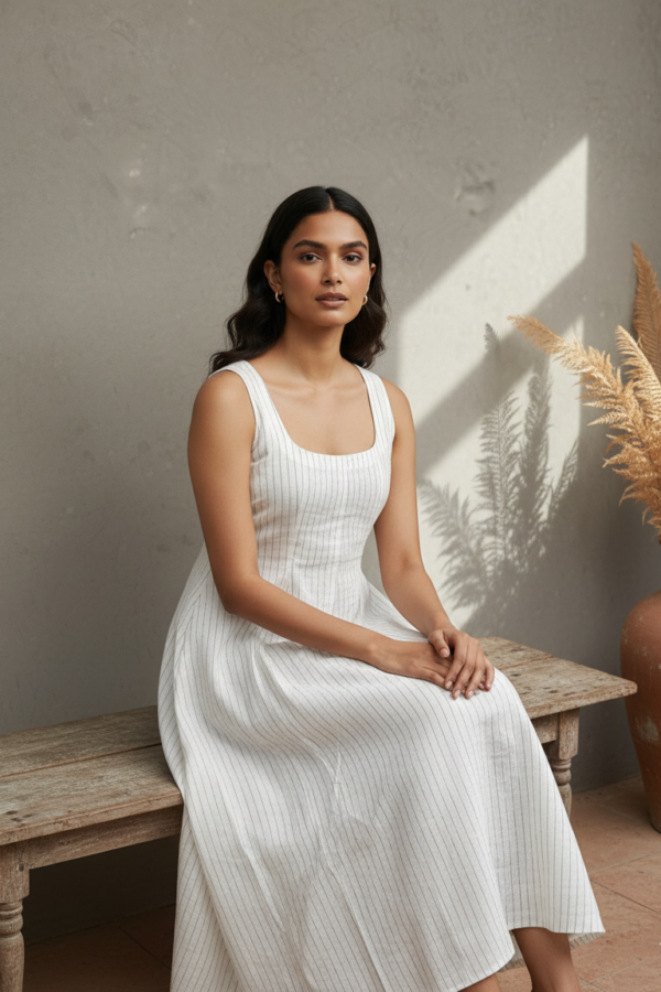 Saanvi Linen Striped Smocked Flared Dress