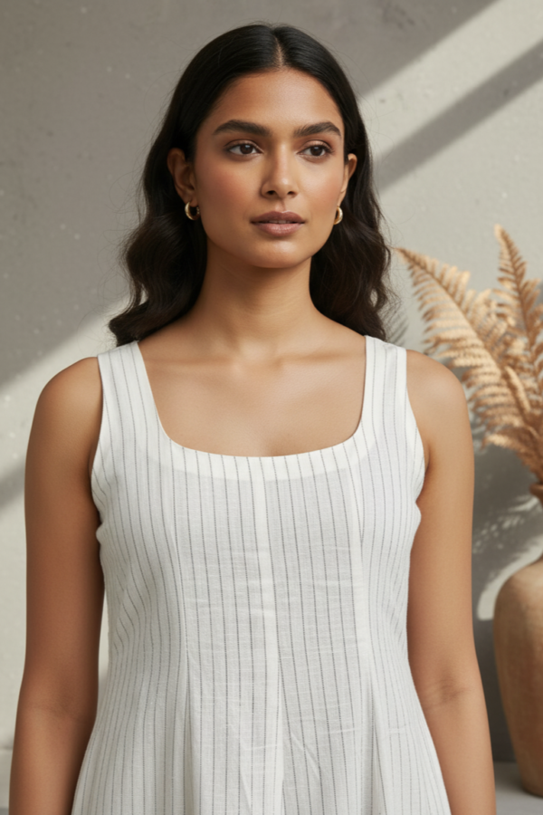 Saanvi Linen Striped Smocked Flared Dress