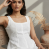 Saanvi Linen Striped Smocked Flared Dress