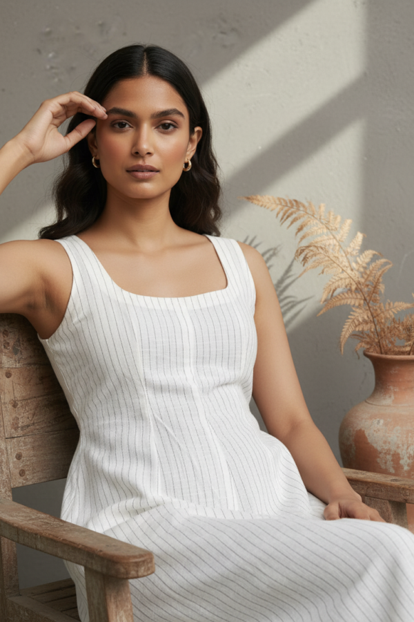Saanvi Linen Striped Smocked Flared Dress