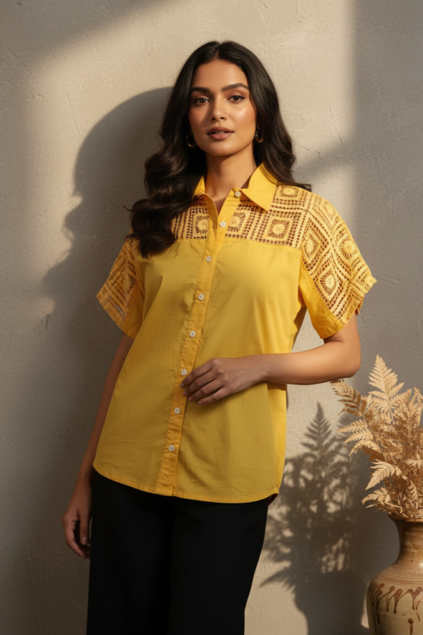 Amelia Yellow Cotton Poplin Lace Shirt