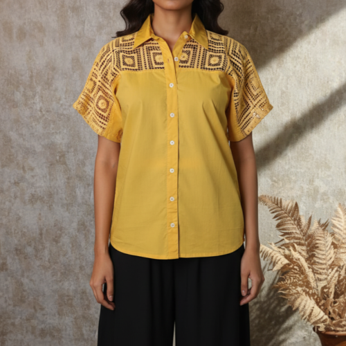 Amelia Yellow Cotton Poplin Lace Shirt