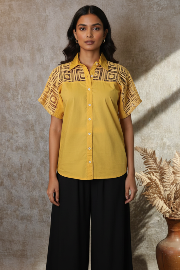 Amelia Yellow Cotton Poplin Lace Shirt