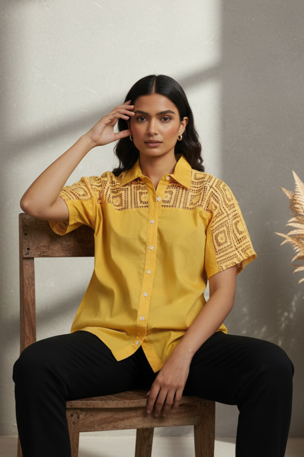 Amelia Yellow Cotton Poplin Lace Shirt