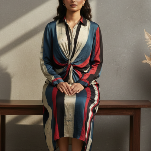 Camila Modal Silk Ajrakh Twisted Knot Dress