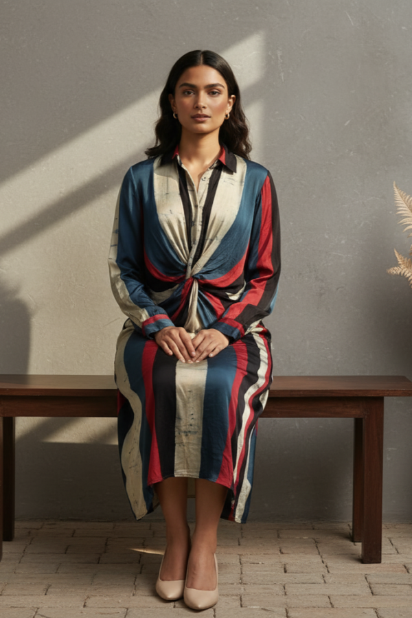 Camila Modal Silk Ajrakh Twisted Knot Dress