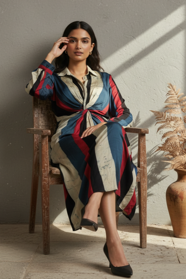 Camila Modal Silk Ajrakh Twisted Knot Dress