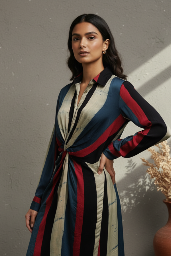 Camila Modal Silk Ajrakh Twisted Knot Dress