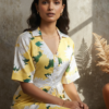 Elena Yellow Floral Satin Draped Dress