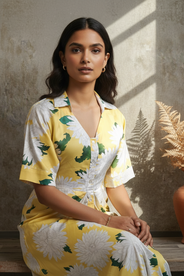 Elena Yellow Floral Satin Draped Dress
