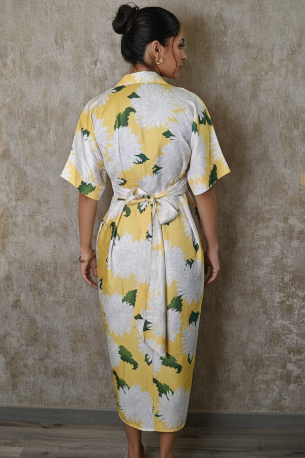 Elena Yellow Floral Satin Draped Dress