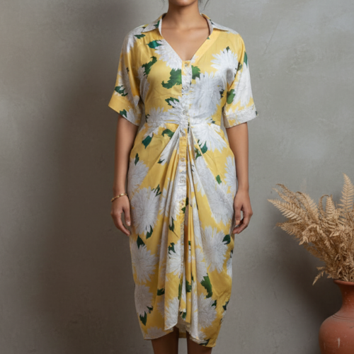 Elena Yellow Floral Satin Draped Dress