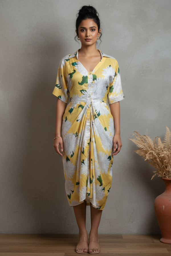 Elena Yellow Floral Satin Draped Dress