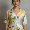 Elena Yellow Floral Satin Draped Dress