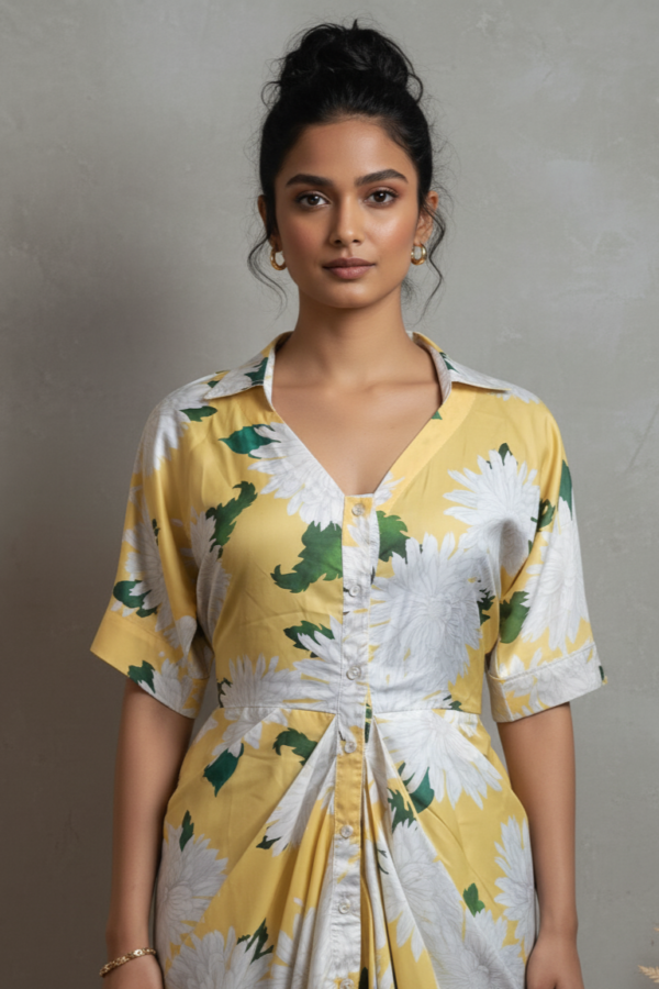 Elena Yellow Floral Satin Draped Dress