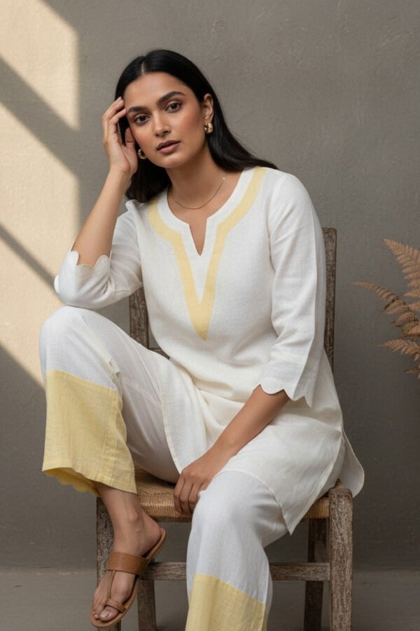 Ishani Peach Yellow Linen Scallop Co-ord Set