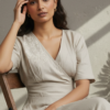 Gia Beige Linen Smocked Flared Dress