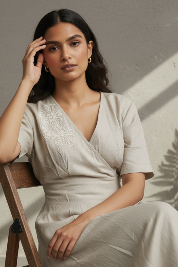 Gia Beige Linen Smocked Flared Dress