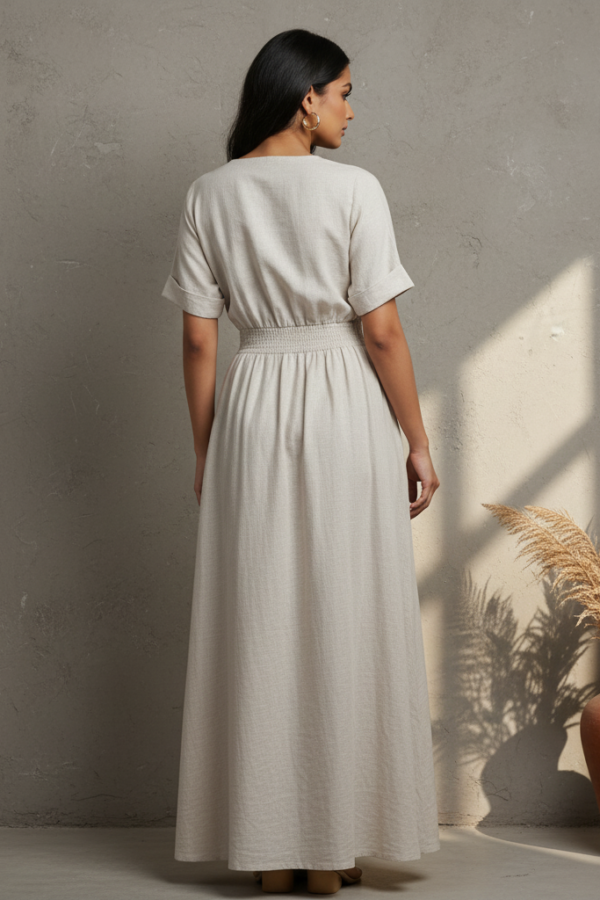 Gia Beige Linen Smocked Flared Dress