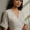 Gia Beige Linen Smocked Flared Dress