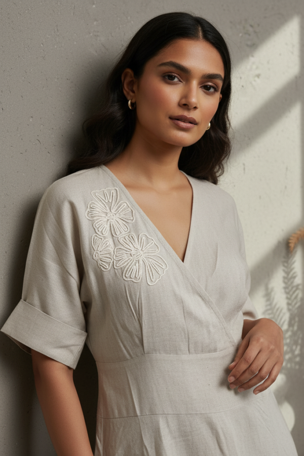 Gia Beige Linen Smocked Flared Dress