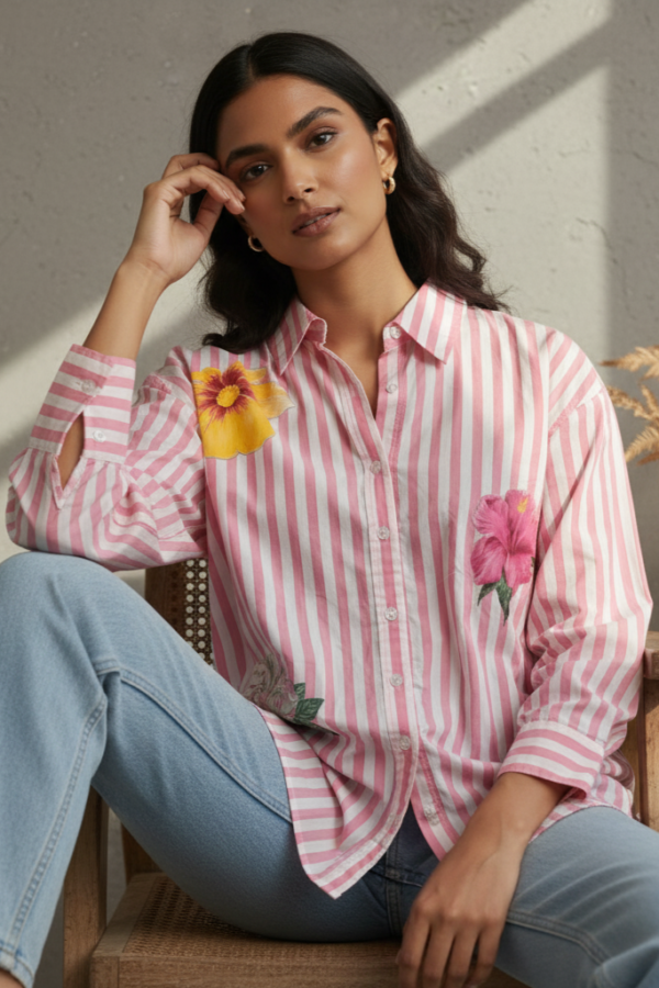 Reiko Pink Striped Poplin Applique Shirt
