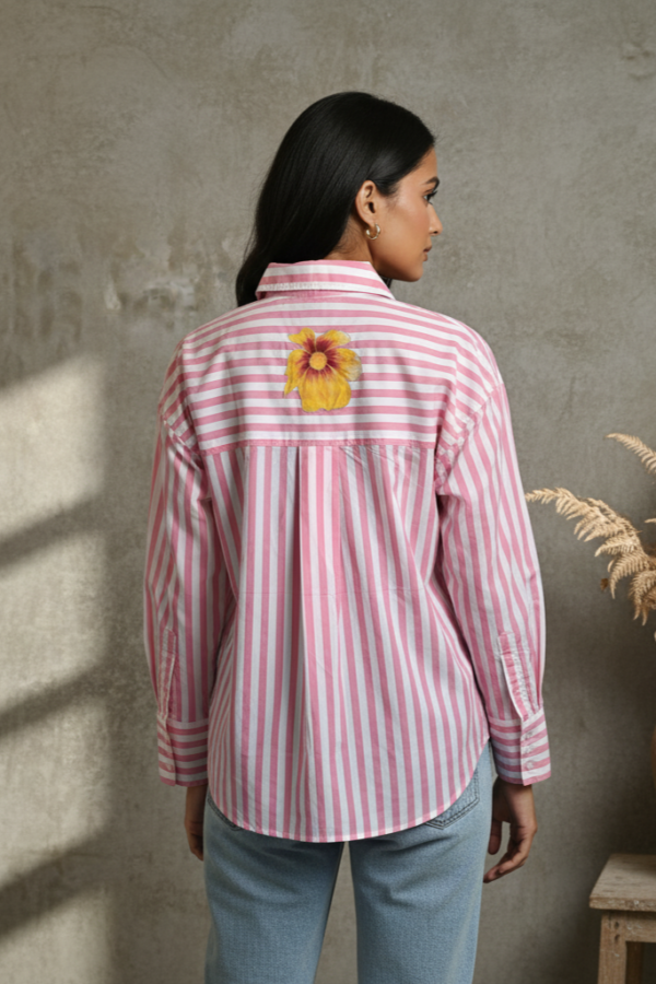 Reiko Pink Striped Poplin Applique Shirt