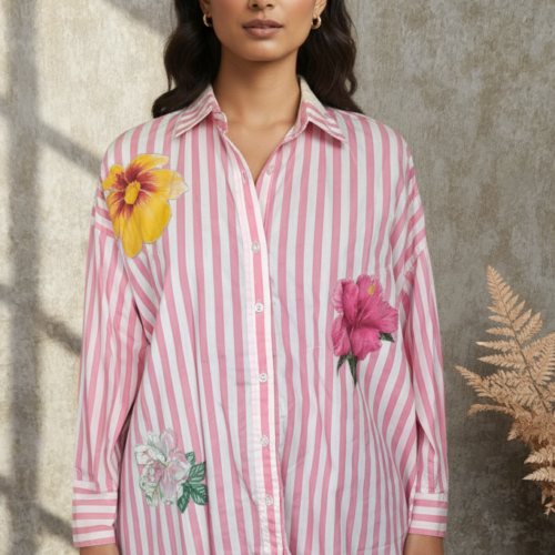 Reiko Pink Striped Poplin Applique Shirt