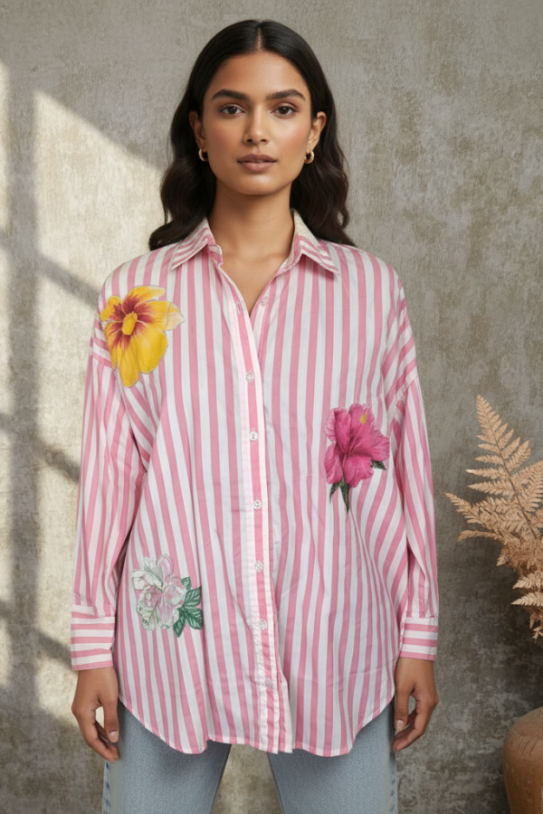 Reiko Pink Striped Poplin Applique Shirt