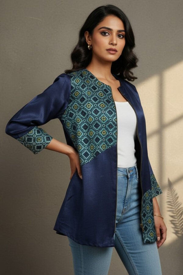 Keya Mashru Silk Ajrakh Zipper Jacket