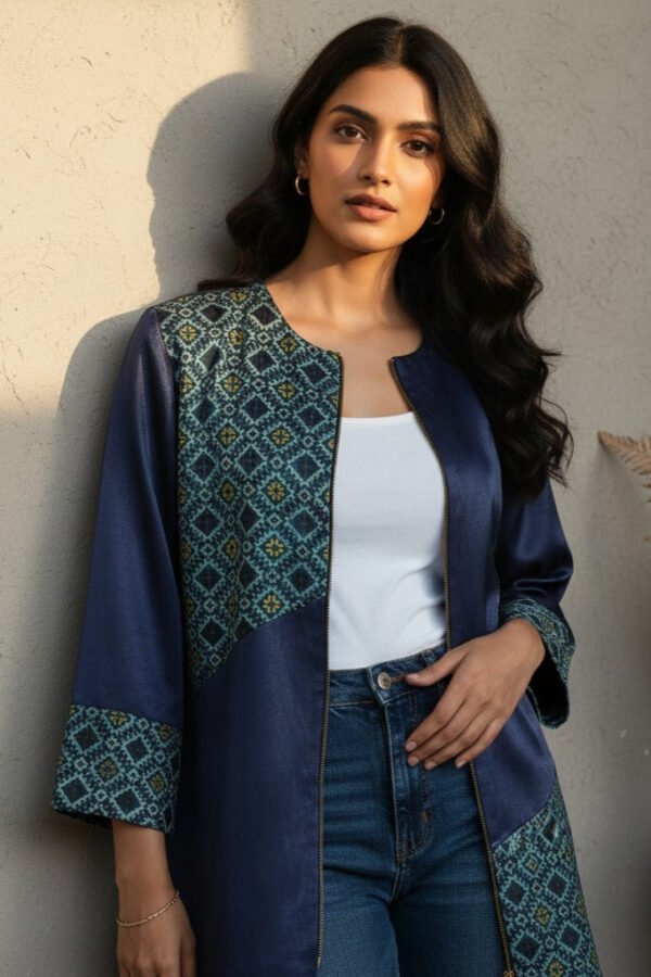 Keya Mashru Silk Ajrakh Zipper Jacket