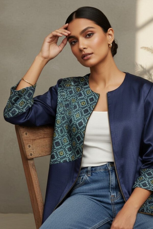 Keya Mashru Silk Ajrakh Zipper Jacket