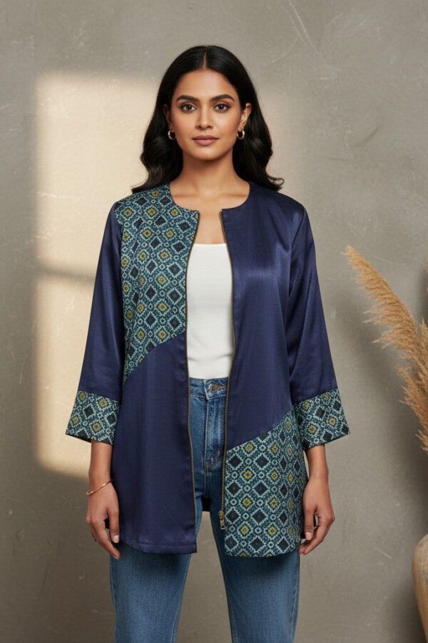 Keya Mashru Silk Ajrakh Zipper Jacket