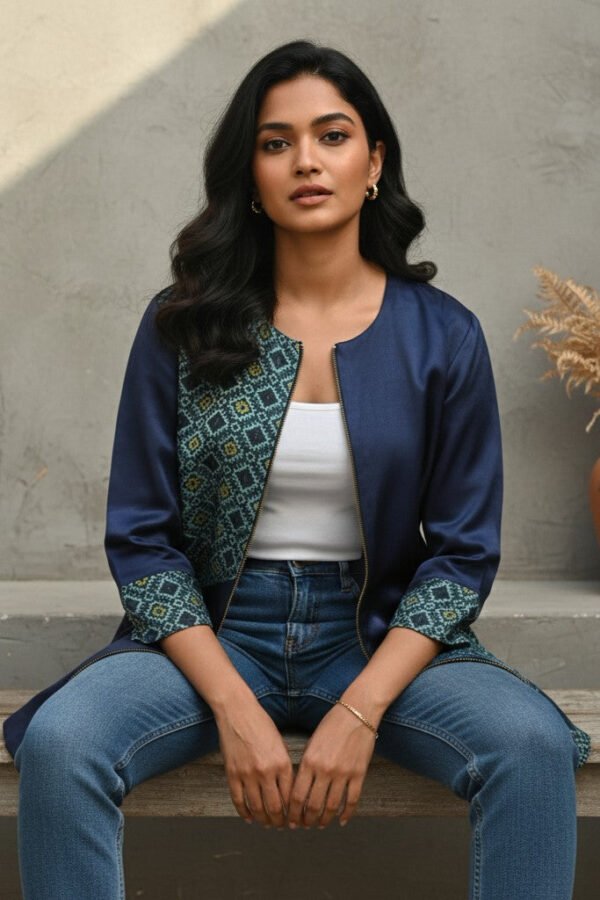 Keya Mashru Silk Ajrakh Zipper Jacket