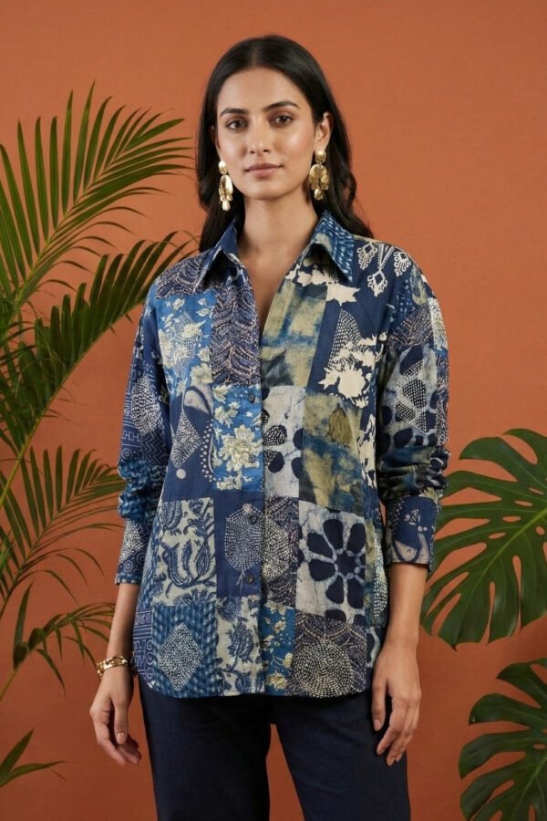 Reiko Blue Kantha Indigo Handblock Shirt