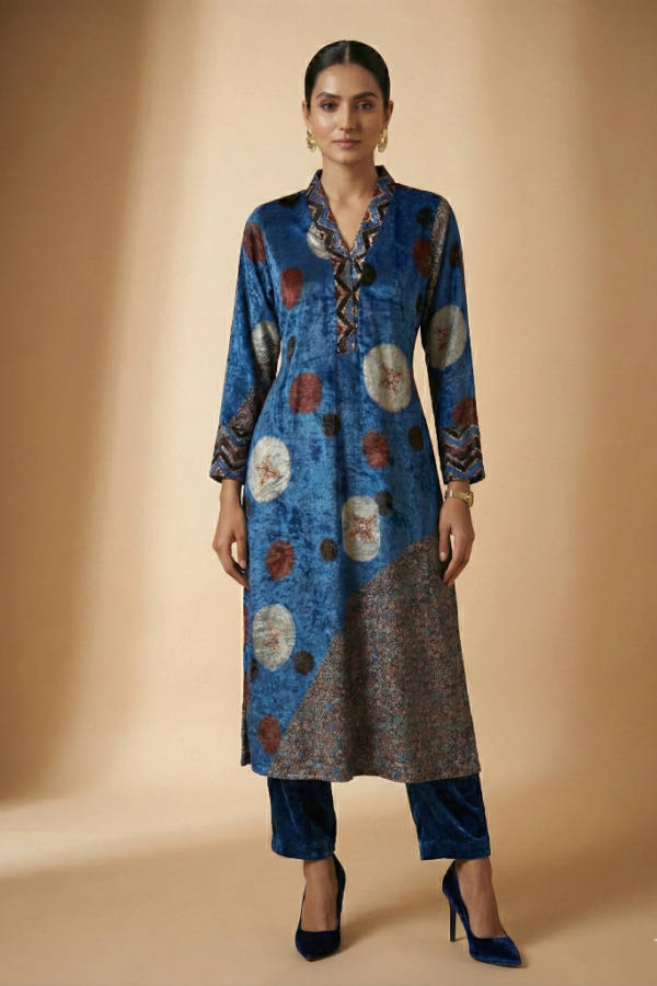 Noor Ajrakh Velvet Kurta Set – Geometric
